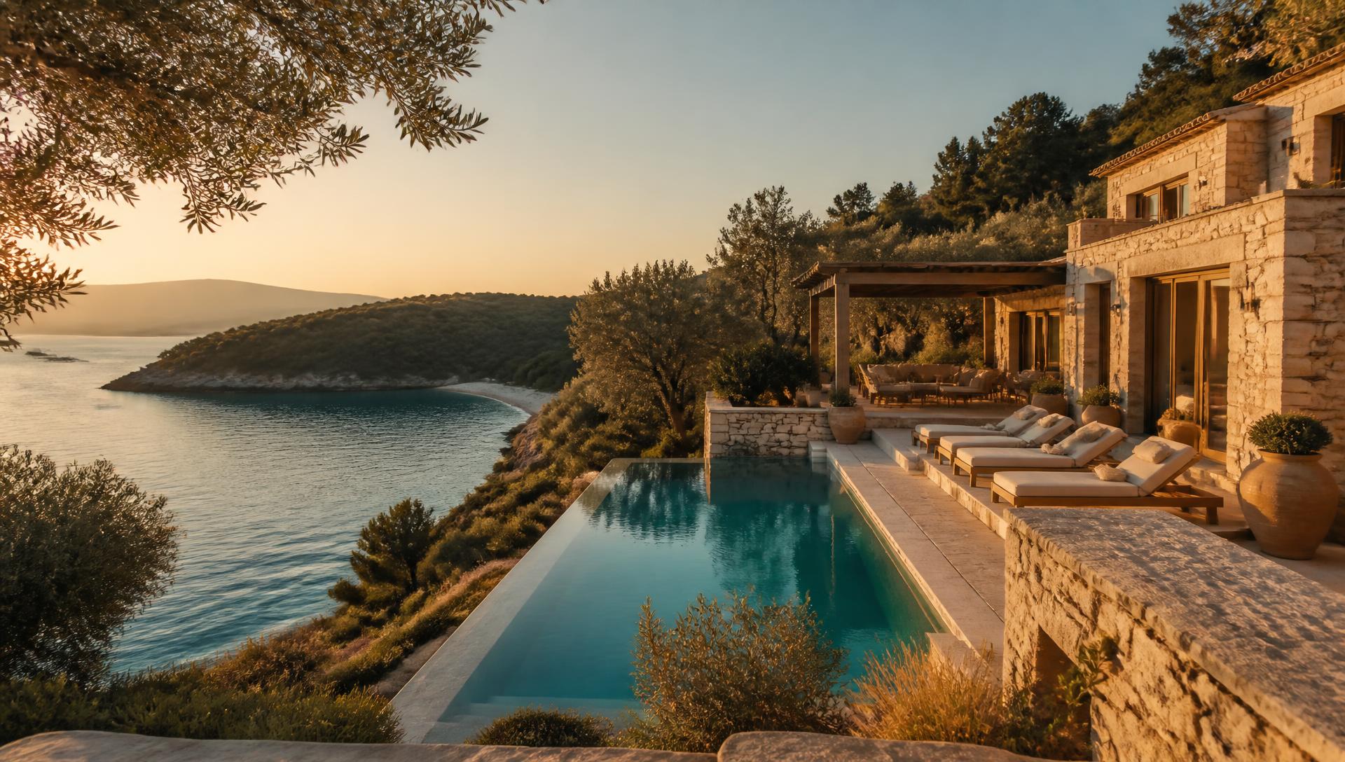 Gün batımında Hisarönü koyuna bakan Jessica Villas terası ve özel havuzu